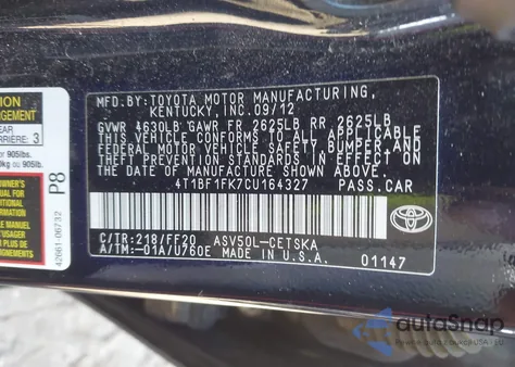 2012 Toyota Camry Se Limited Edition из США, поврежденный, VIN 4T1BF1FK7CU164327